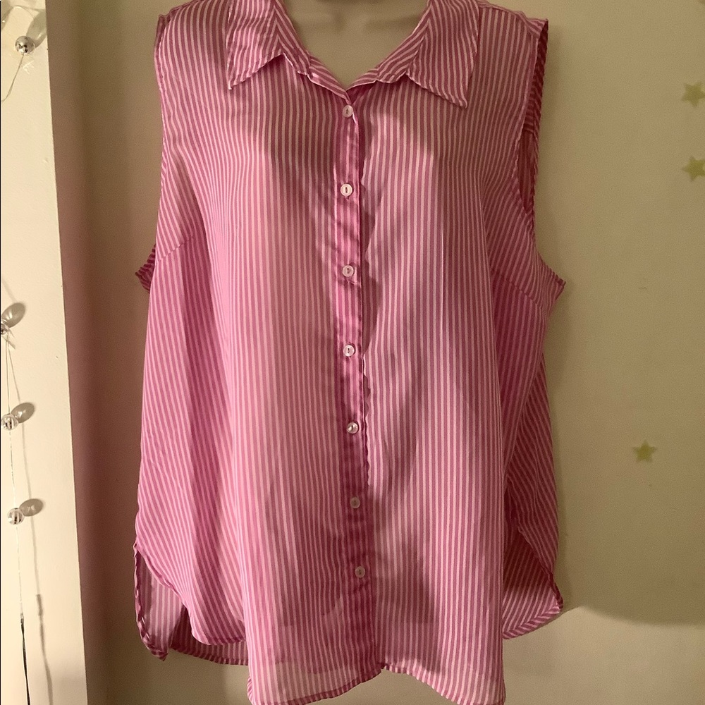 A pink and white stripe T-shirt material blouse attentio brand size 2X,